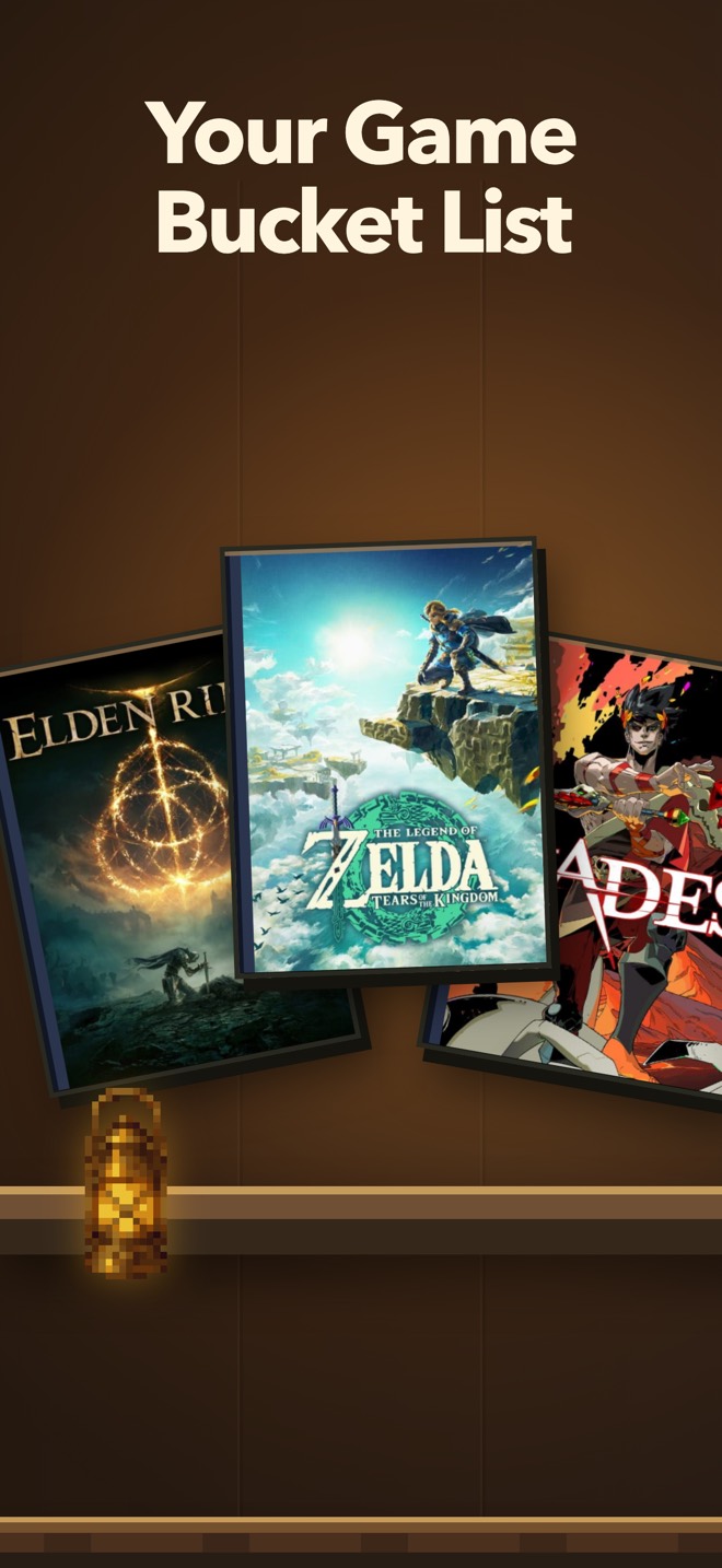 MyGameShelf promotional artwork: game boxes and a glowing pixel lantern on a wooden shelf