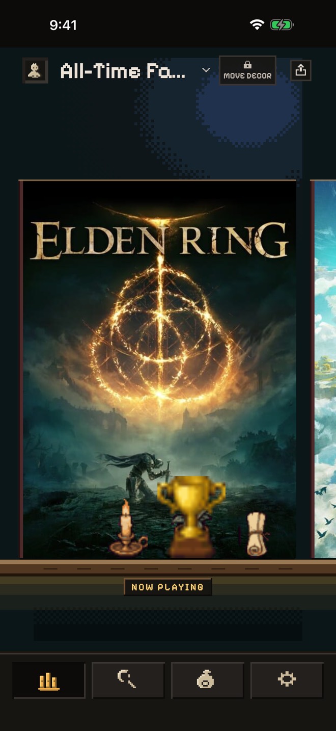 An iOS simulator capture of a personalized MyGameShelf level with an Elden Ring case, candle, trophy, and scroll
